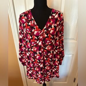 Anne Klein Floral V-Neck Blouse - Red, Pink, Black, White